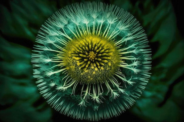 Fleur de pissenlit en fleurs entourée d'une mer de verdure