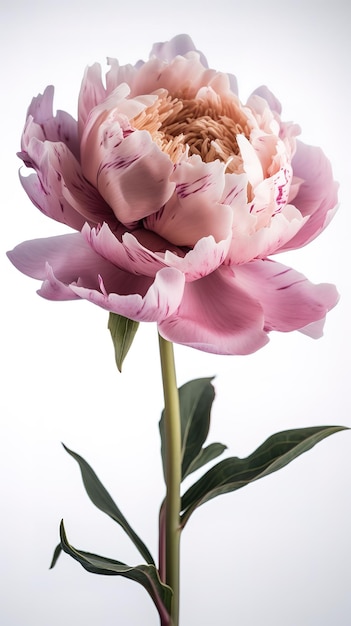 Une fleur de pivoine rose avec une tige verte et un fond blanc.