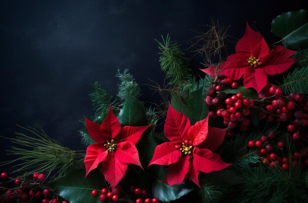 Photo fleur de poinsettia rouge avec des baies sacrées d'hiver générer ai