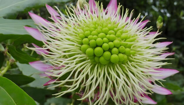 une fleur pourpre avec des bourgeons verts et un centre vert