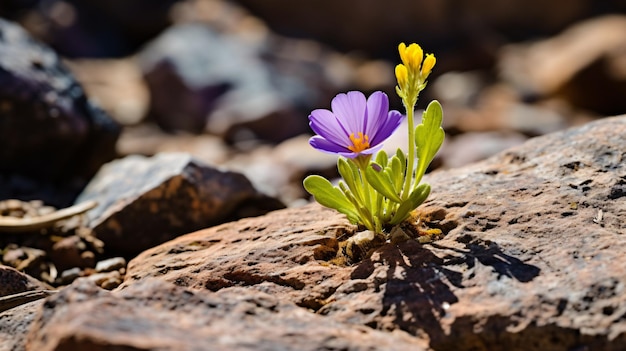 Photo une fleur pourpre avec un centre jaune dans une zone rocheuse