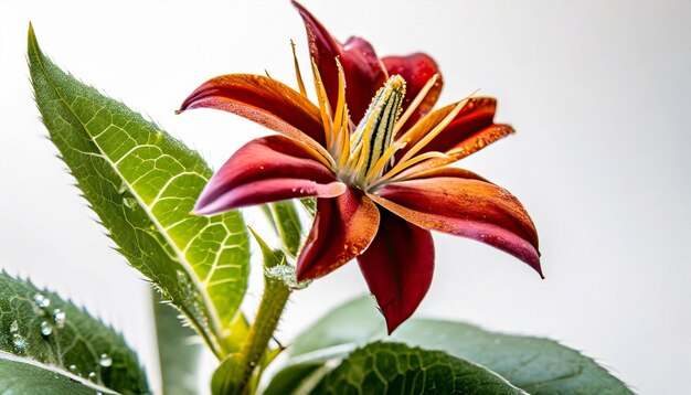 Photo une fleur pourpre avec des gouttes d'eau sur une fleur blanche isolée