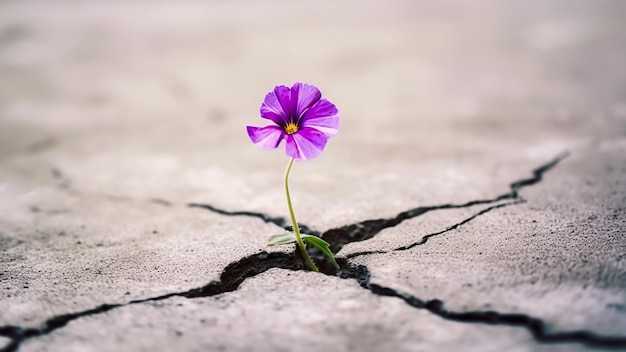 Une fleur pousse d'une fissure dans un mur de béton.