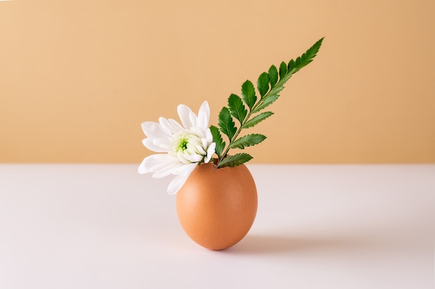 Fleur de printemps blanche en coquille d'oeuf avec feuille verte. Concept minimaliste de Pâques.