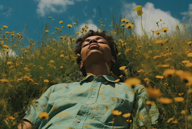 fleur de printemps un jeune homme noir en vêtements à motifs de fleurs allongé sur un champ de pissenlits