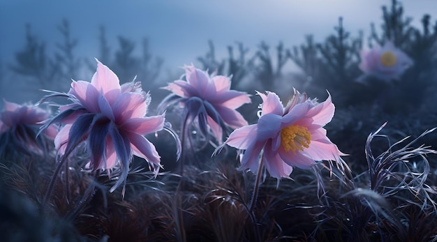 fleur pulsatilla patens arrière-plan été lumineux été fleurs fraîches avec des gouttes de rosée dans le brouillard fl fl