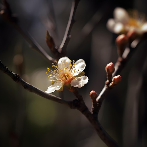 Une fleur qui est sur une branche avec le mot " dessus "