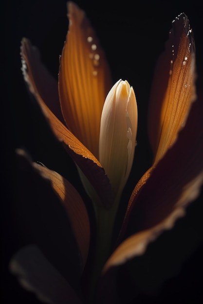 Une fleur qui est dans le noir avec la lumière qui brille dessus.