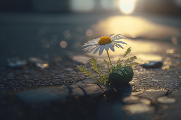 Une fleur qui sort d'une flaque d'eau