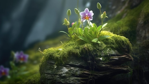 Une fleur sur un rocher moussu avec un fond vert