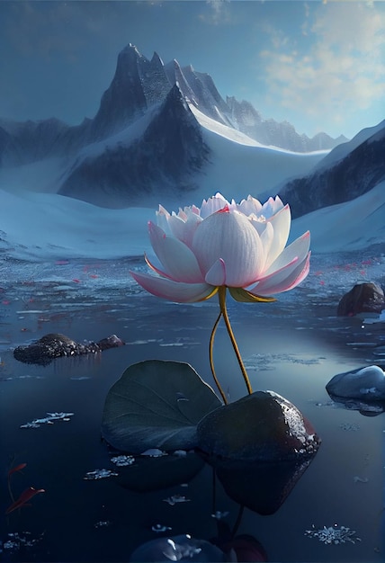 Fleur rose assise au sommet d'un plan d'eau ai génératif