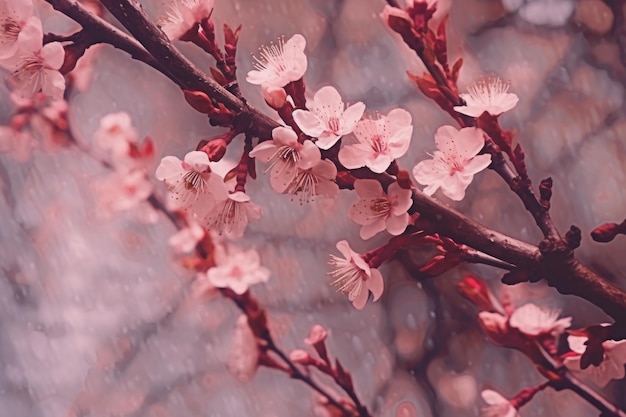 Une fleur rose sur une branche avec le mot cerise dessus