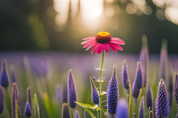 une fleur rose avec un centre jaune et le soleil derrière