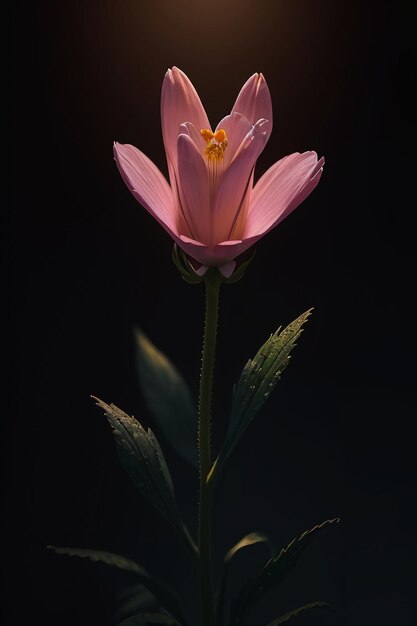 Une fleur rose avec un centre jaune et une tige verte