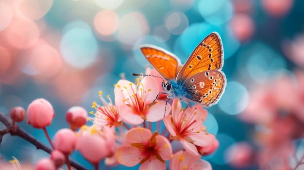 La fleur rose d'une cerise orientale et un papillon