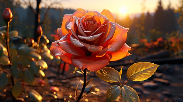 Fleur de rose coucher de soleil ou lever de soleil ciel lumière jaune sur les heures d'or