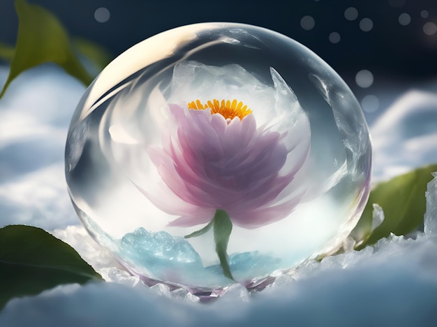 Une fleur rose dans une boule de glace Le concept de survie dans des conditions extrêmes La génération de l'intelligence artificielle