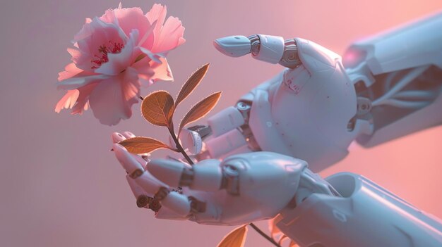 Une fleur rose dans la main d'un robot