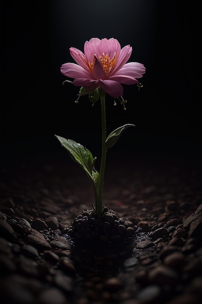 Une fleur rose dans le noir
