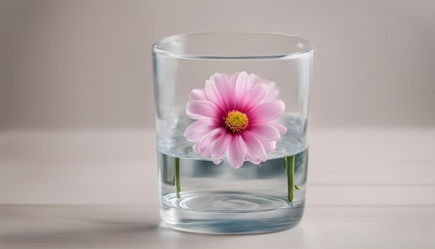 Photo une fleur rose dans un verre d'eau claire