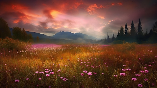 Fleur rose déposée avec un beau ciel rose AI générative