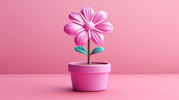 Fleur rose de dessin animé mignon 3d dans un pot générative ai