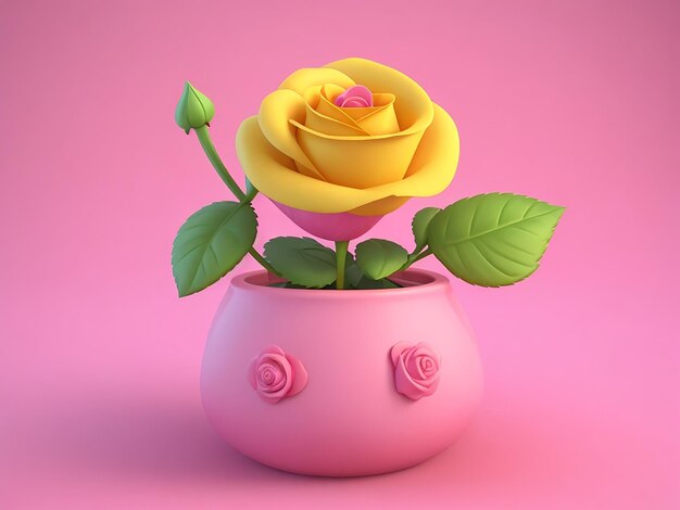 Fleur rose de dessin animé mignon 3d dans un pot par Generate AI