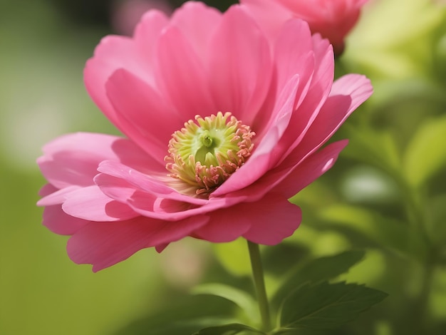 Une fleur rose est au premier plan sur un fond vert généré par l'IA