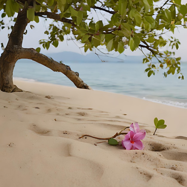 une fleur rose est dans le sable à côté d'un arbre