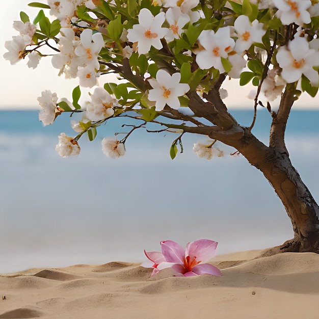 Photo une fleur rose est dans le sable sous un arbre