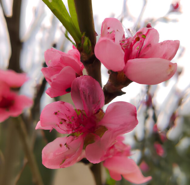 Une fleur rose est en fleurs avec le mot pêche dessus.