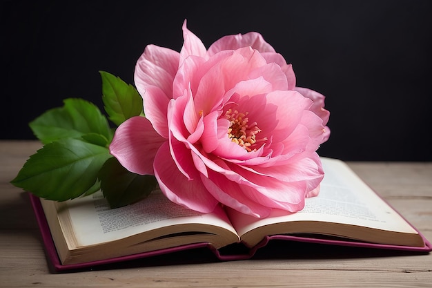 Une fleur rose est sur un livre