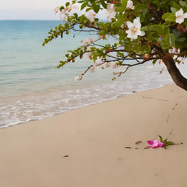 Photo une fleur rose est sur la plage près de l'océan