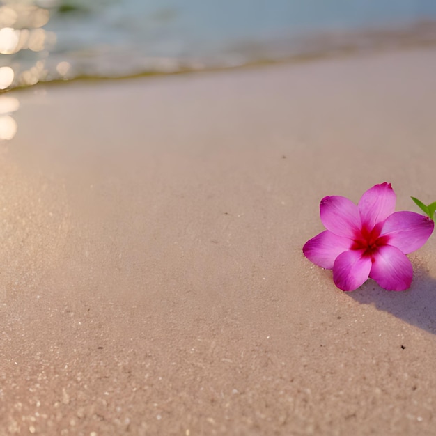 une fleur rose est posée sur le sable près de l'eau