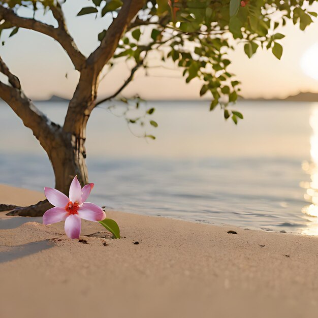 une fleur rose est sur le sable près de l'eau