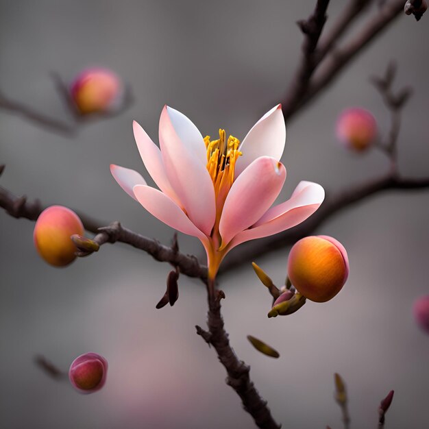 Une fleur rose avec une étamine jaune fleurit sur une branche d'arbre.