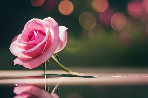 Une fleur rose sur une flaque