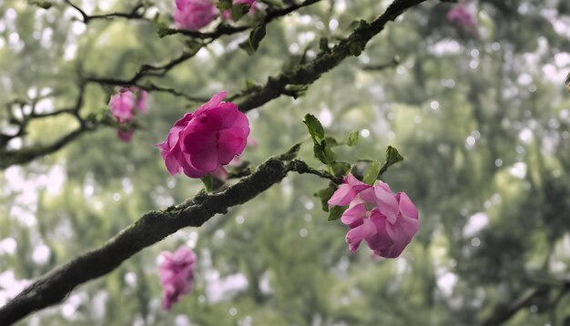 une fleur rose fleurit sur une branche d'arbre