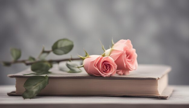 fleur de rose floue sur des livres avec un fond gris