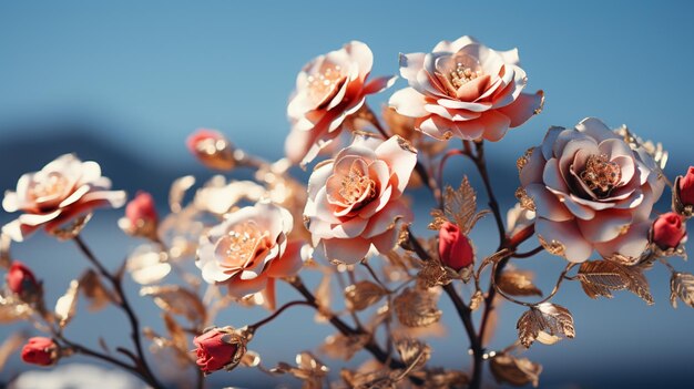 une fleur rose sur fond bleu