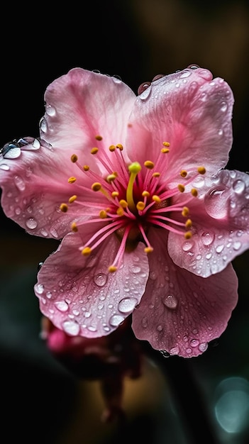 Une fleur rose avec des gouttelettes d'eau dessus