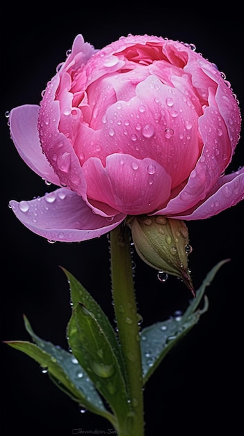 Une fleur rose avec des gouttelettes d'eau dessus