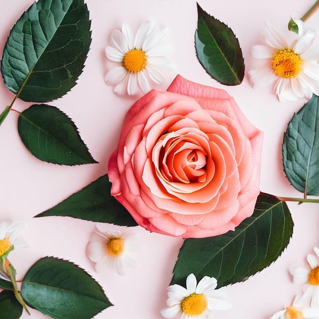 Une fleur rose avec des marguerites sur fond rose