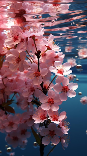 Une fleur rose avec les mots "printemps" dans l'eau.