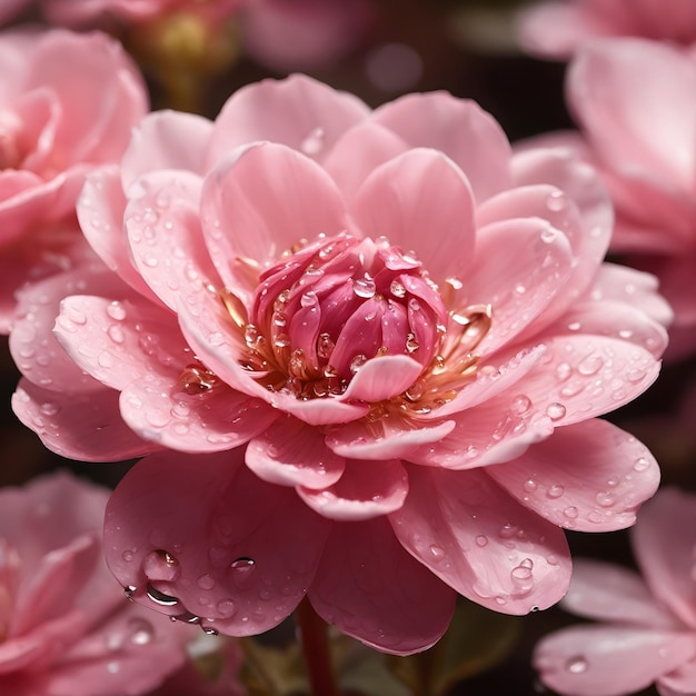 Une fleur rose ornée de gouttelettes d’eau sur ses pétales délicats