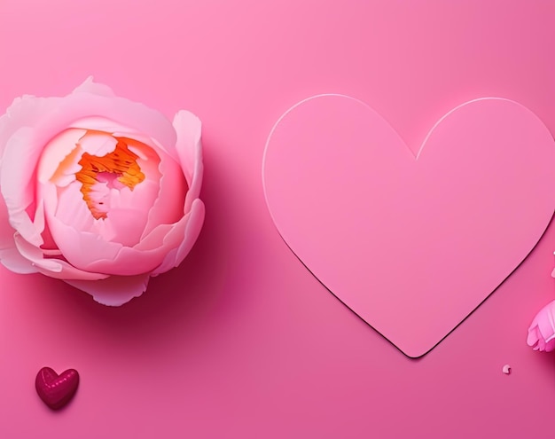 Une fleur rose et une planche à découper en forme de coeur avec un coeur sur la gauche.