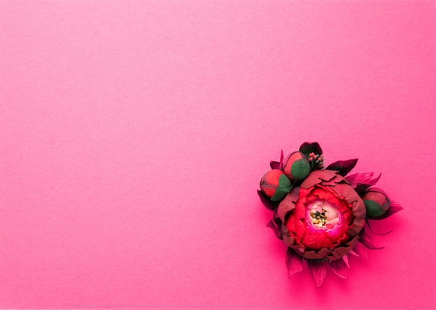 Fleur rose sur un plat en papier rose