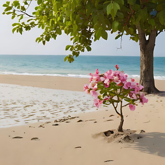 une fleur rose pousse dans le sable sur une plage