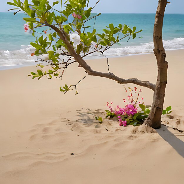 une fleur rose pousse dans le sable sur une plage