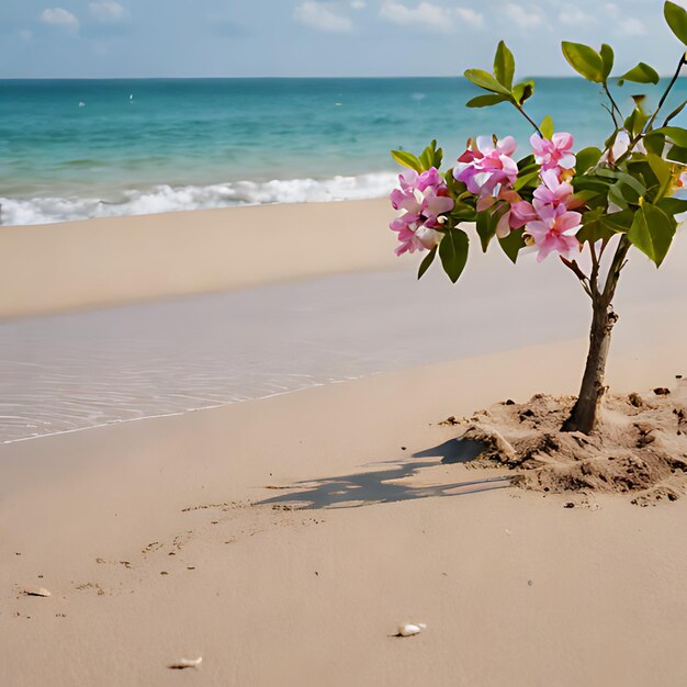 Photo une fleur rose pousse dans le sable d'une plage